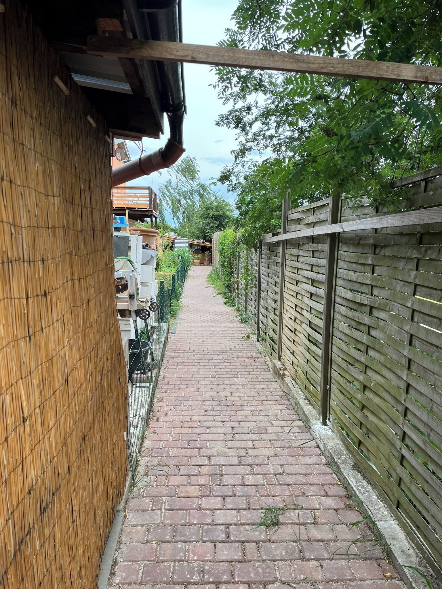 Een smal pad van baksteen, begrensd door bamboomschuttingen en een houten omheining, dat leidt naar een gebouw met een zichtbaar dak.