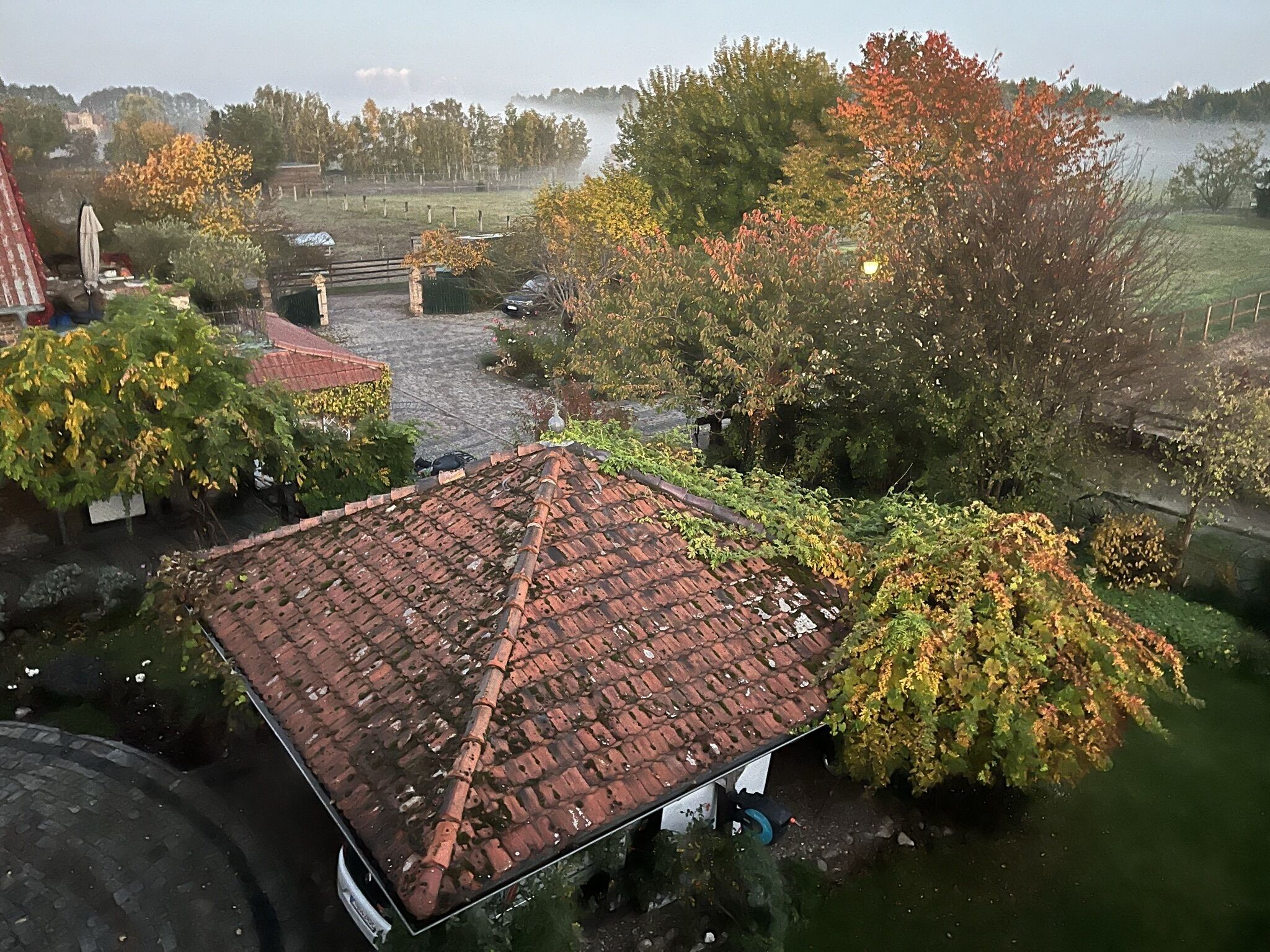 Un quartiere residenziale con una casa dal tetto in tegole rosse, circondata da alberi e da uno specchio d'acqua.