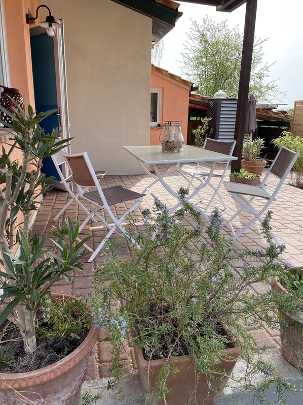 Un patio con mesa y sillas, rodeado de plantas en macetas y una vista despejada del cielo.