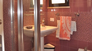 A bathroom with a glass shower enclosure, a sink, a bidet, and a mirror.