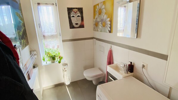 A bathroom with a toilet, sink, and window with a plant.