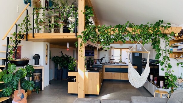 Amplio loft con nivel entre piso, escalera de madera y abundante vegetación de interior.
