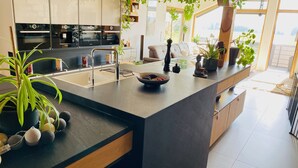 Una cocina moderna con una isla central, un fregadero y diversas plantas.