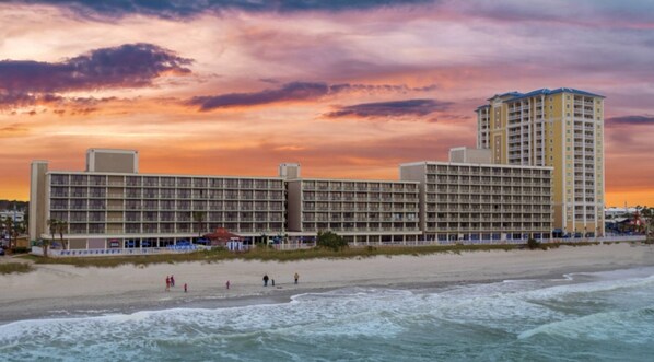 On the beach, sun-loungers, beach towels
