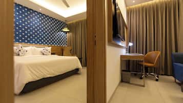 Desk, blackout drapes, soundproofing, iron/ironing board