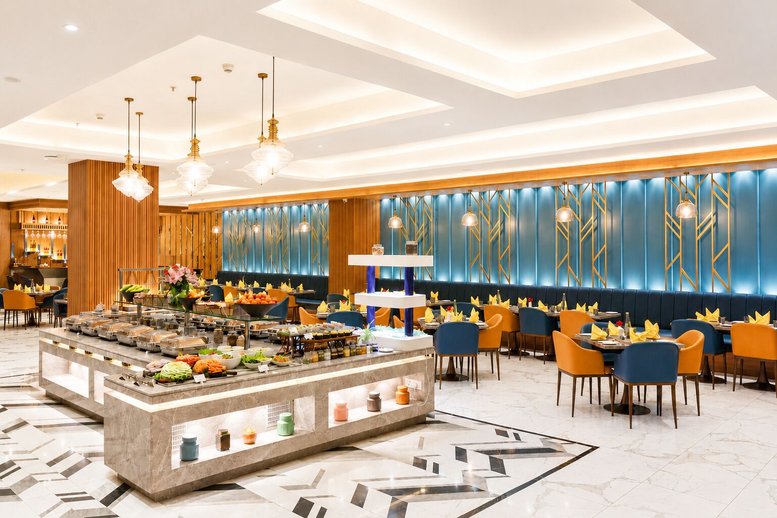 A modern hotel lobby with a central buffet, seating area, and a decorative wall with vertical lines.