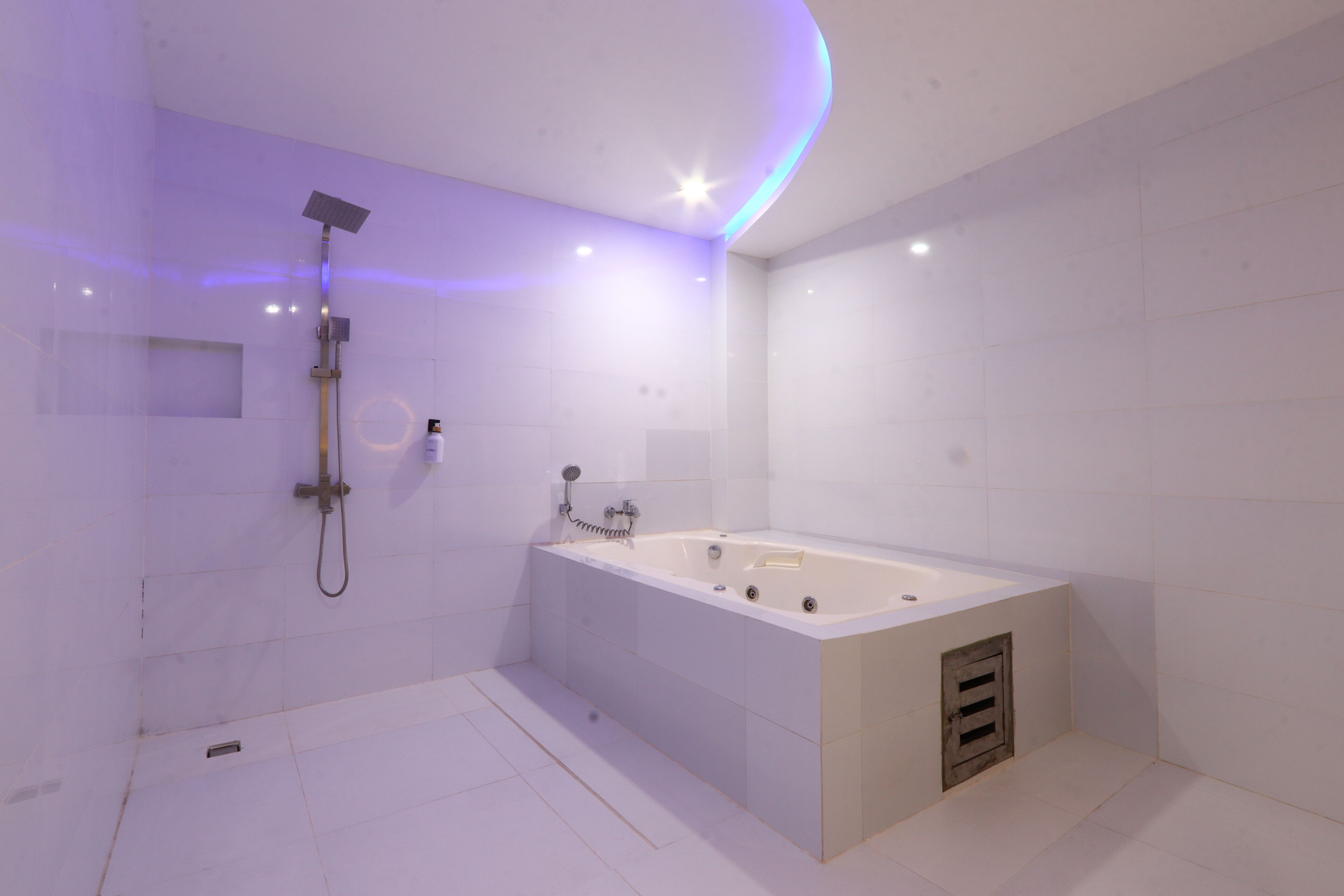 A modern bathroom with a freestanding bathtub, a showerhead, and a vanity.