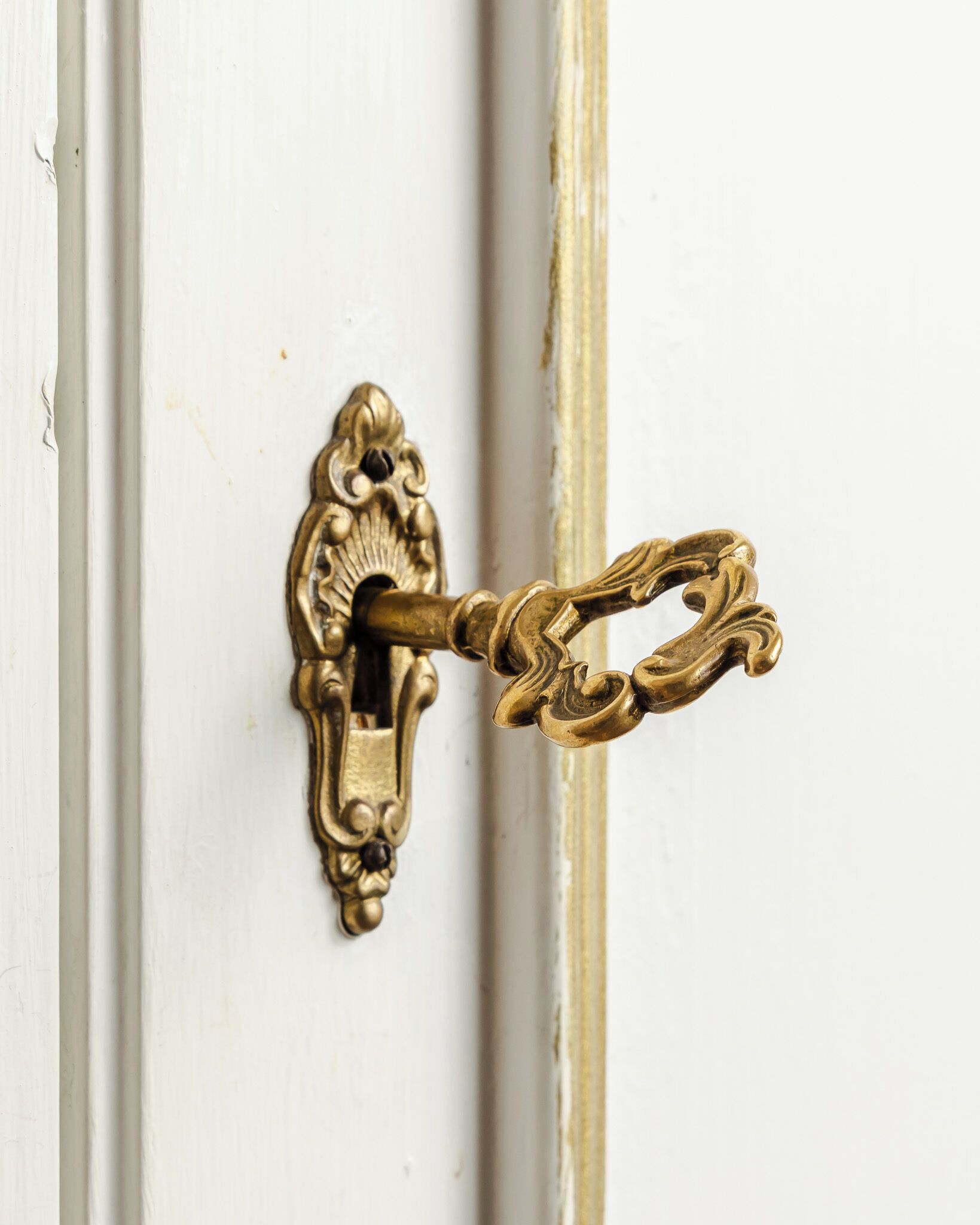 A brass door handle with an ornate design.
