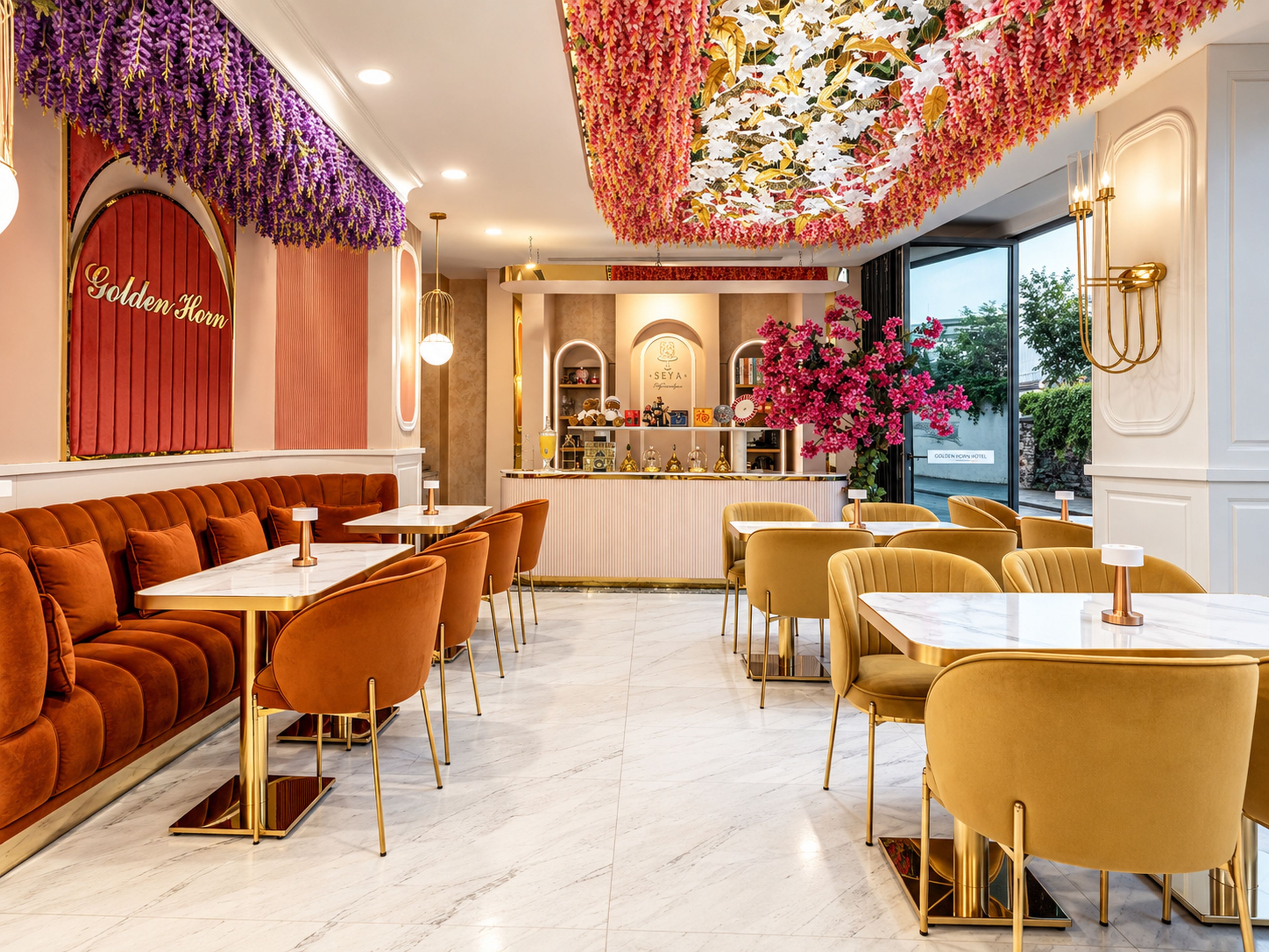 A restaurant with a red archway, a bar area, and a seating arrangement with tables and chairs.