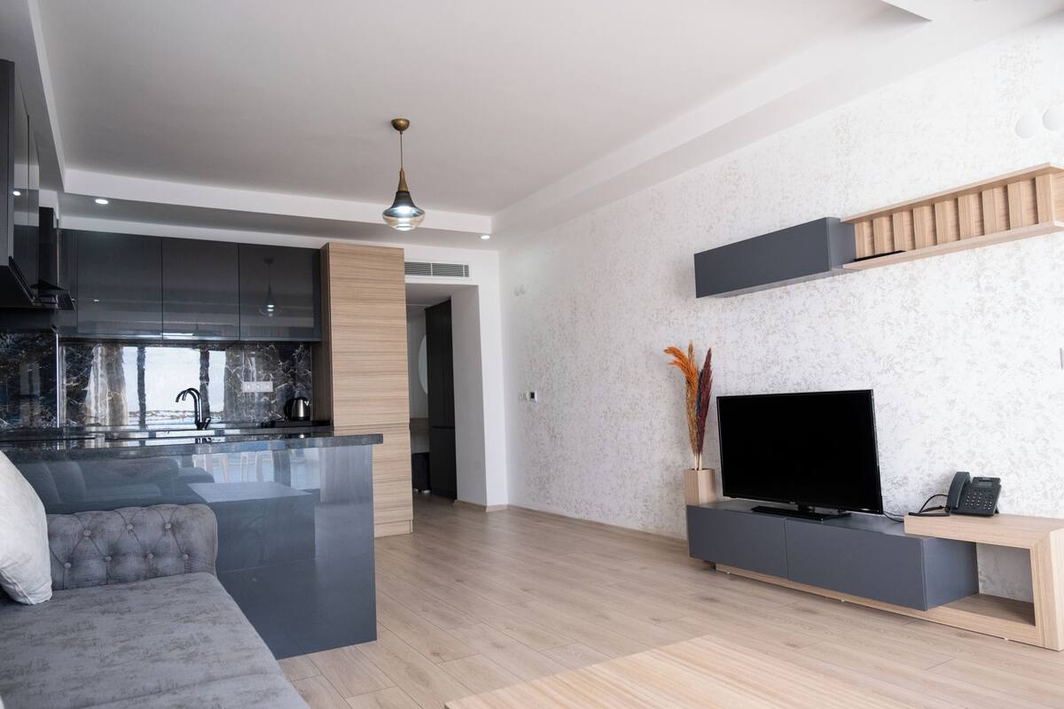 A modern living room with a grey sofa, a flat-screen TV, and a wooden coffee table.