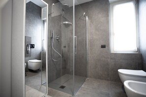 Shower, hair dryer, bidet, towels
