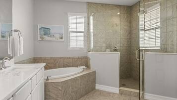 Shower, hair dryer, towels, shampoo