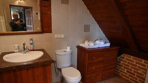 Une salle de bain avec un meuble-lavabo en bois, un lavabo, des toilettes et un miroir.
