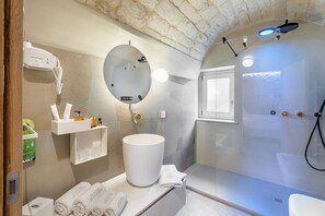 Habitación Deluxe | Baño | Regadera, amenidades de baño de diseñador, secadora de cabello, batas 
