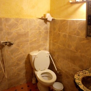A bathroom with a toilet, a bidet, and a small sink.