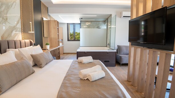 Una habitación de hotel moderna con una cama grande, televisor, zona de ducha y una pared decorativa de madera.