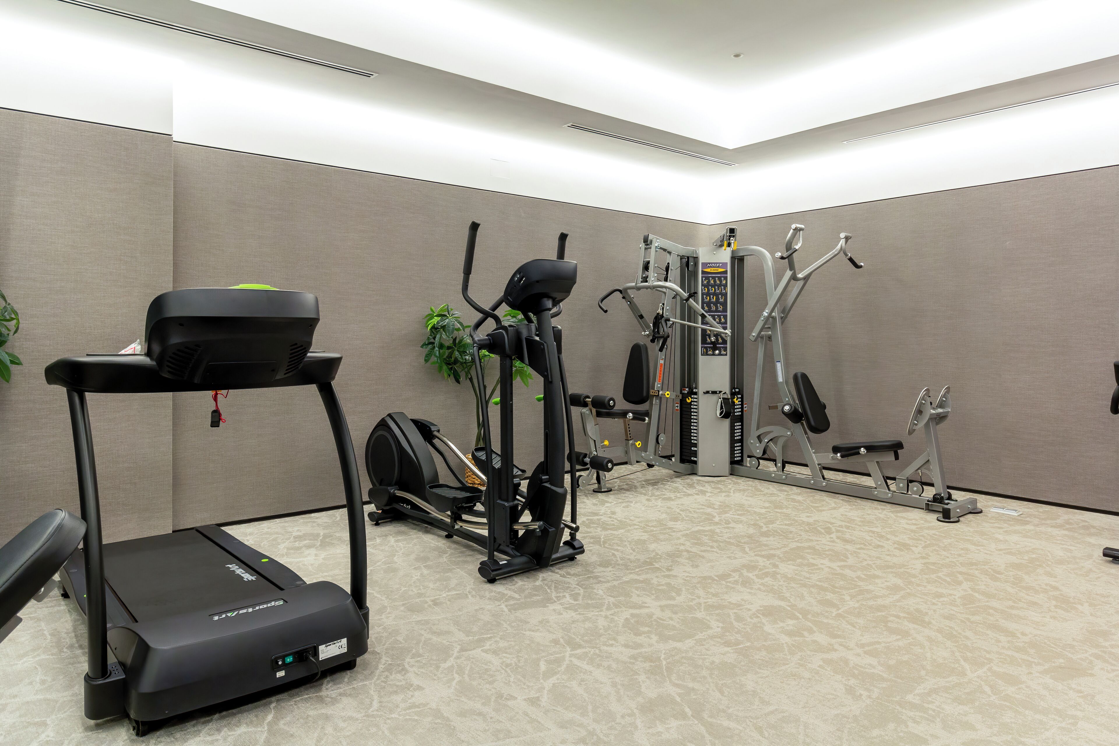 Un gimnasio con cinta de correr, elíptica y máquinas de pesas.