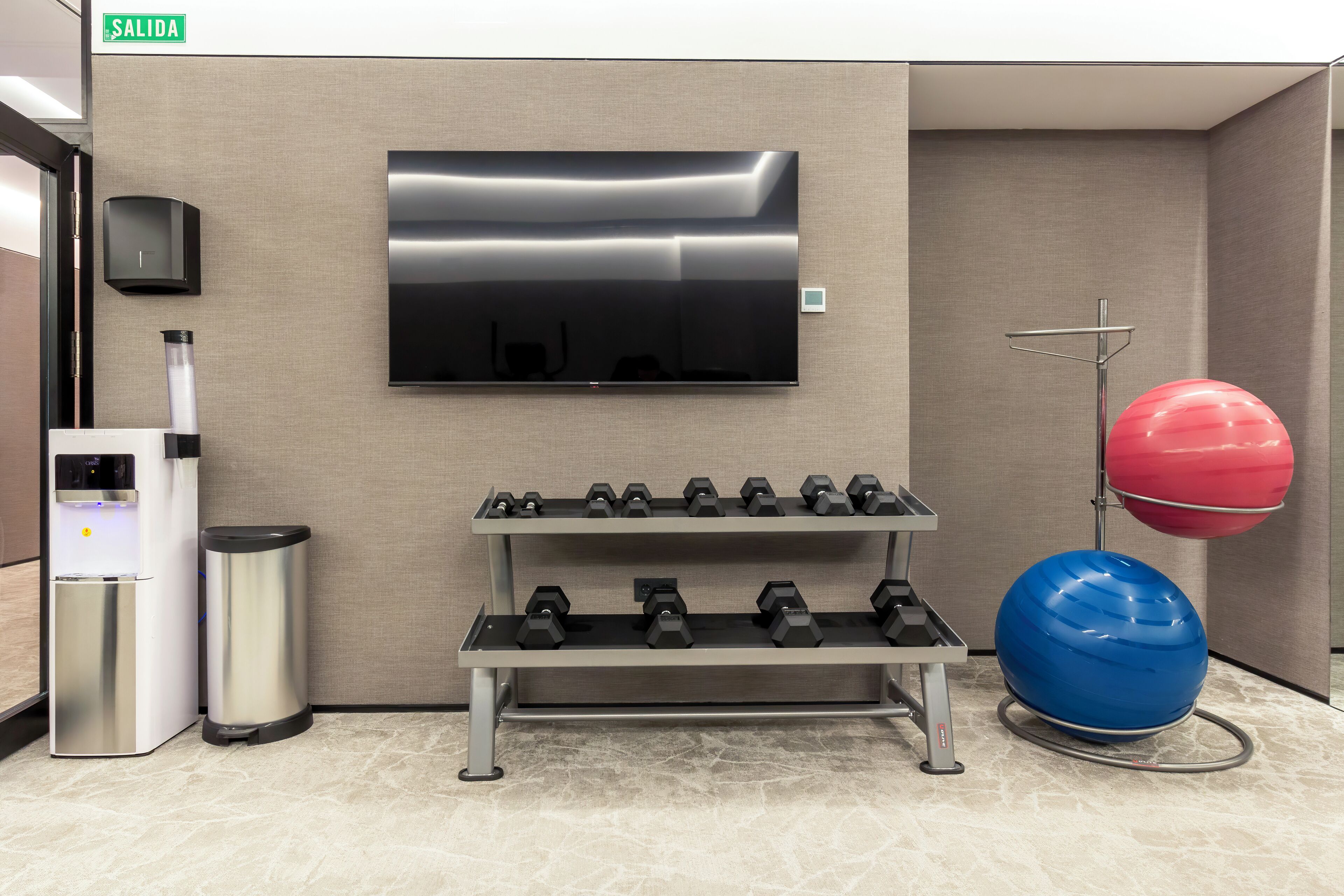 Ein Fitnessbereich mit Kurzhanteln, Wasserspender, Mülleimer, Fernseher und Gymbällen.
