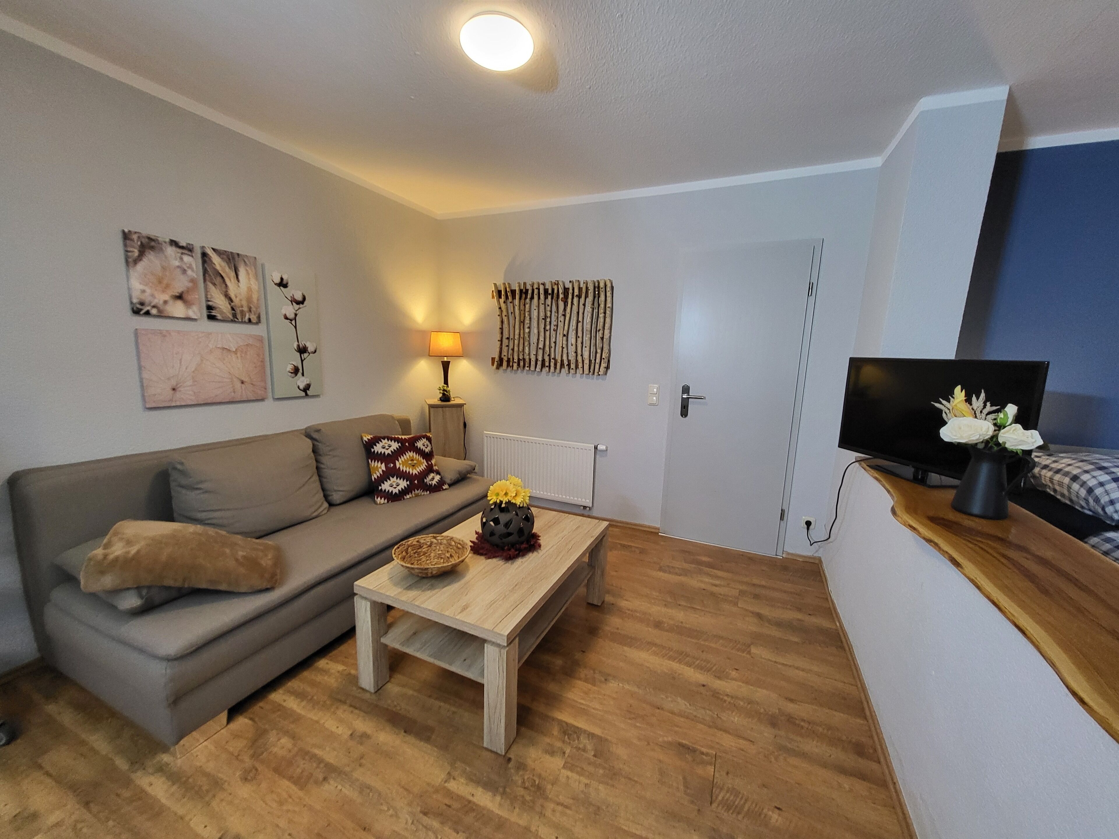 A living room with a sofa, a coffee table, a lamp, and a television.