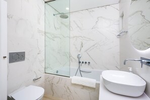 Shower, hair dryer, toilet paper