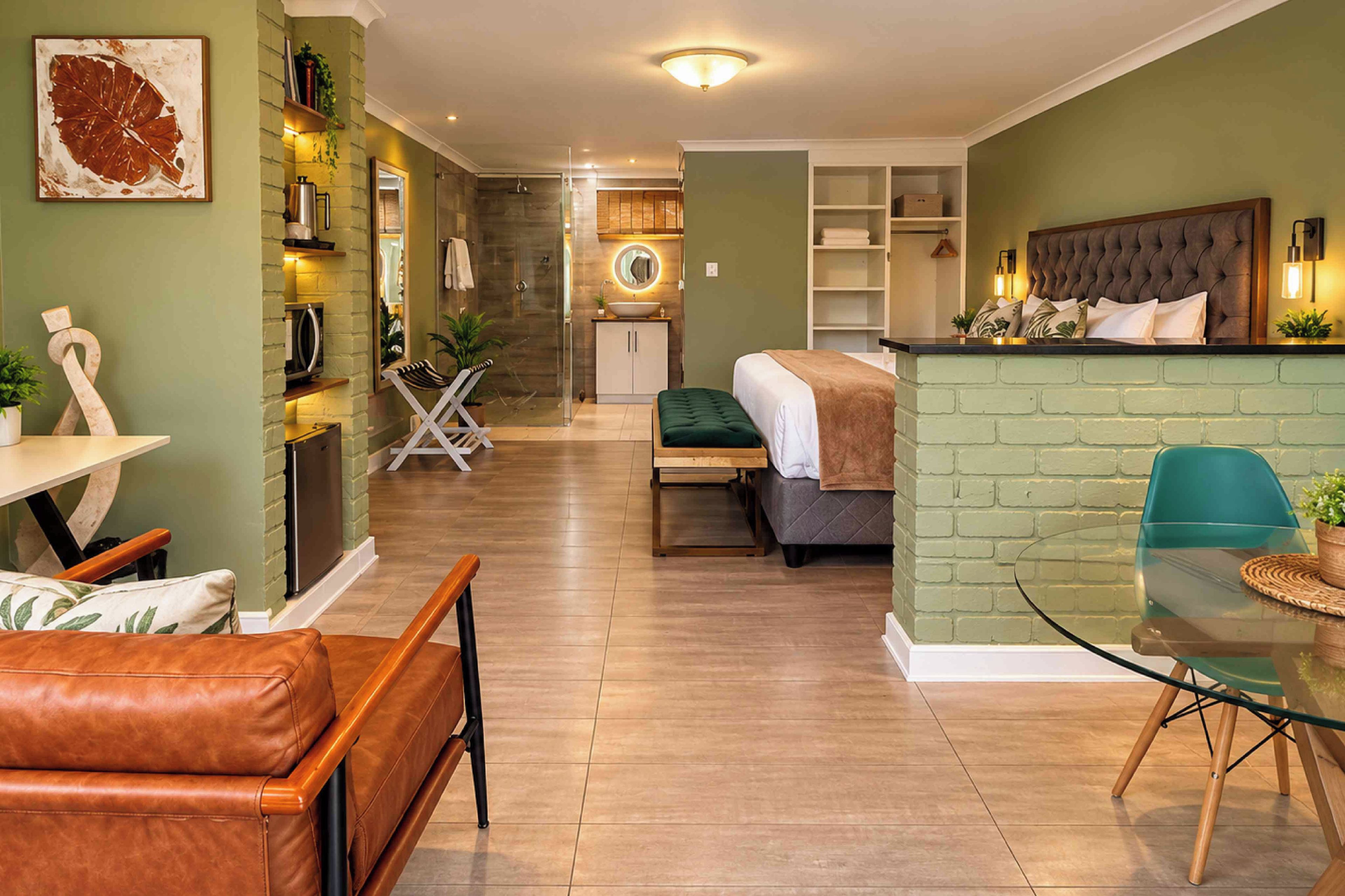 Una sala moderna con sofá, mesa de comedor y área de cocina con refrigerador y microondas.