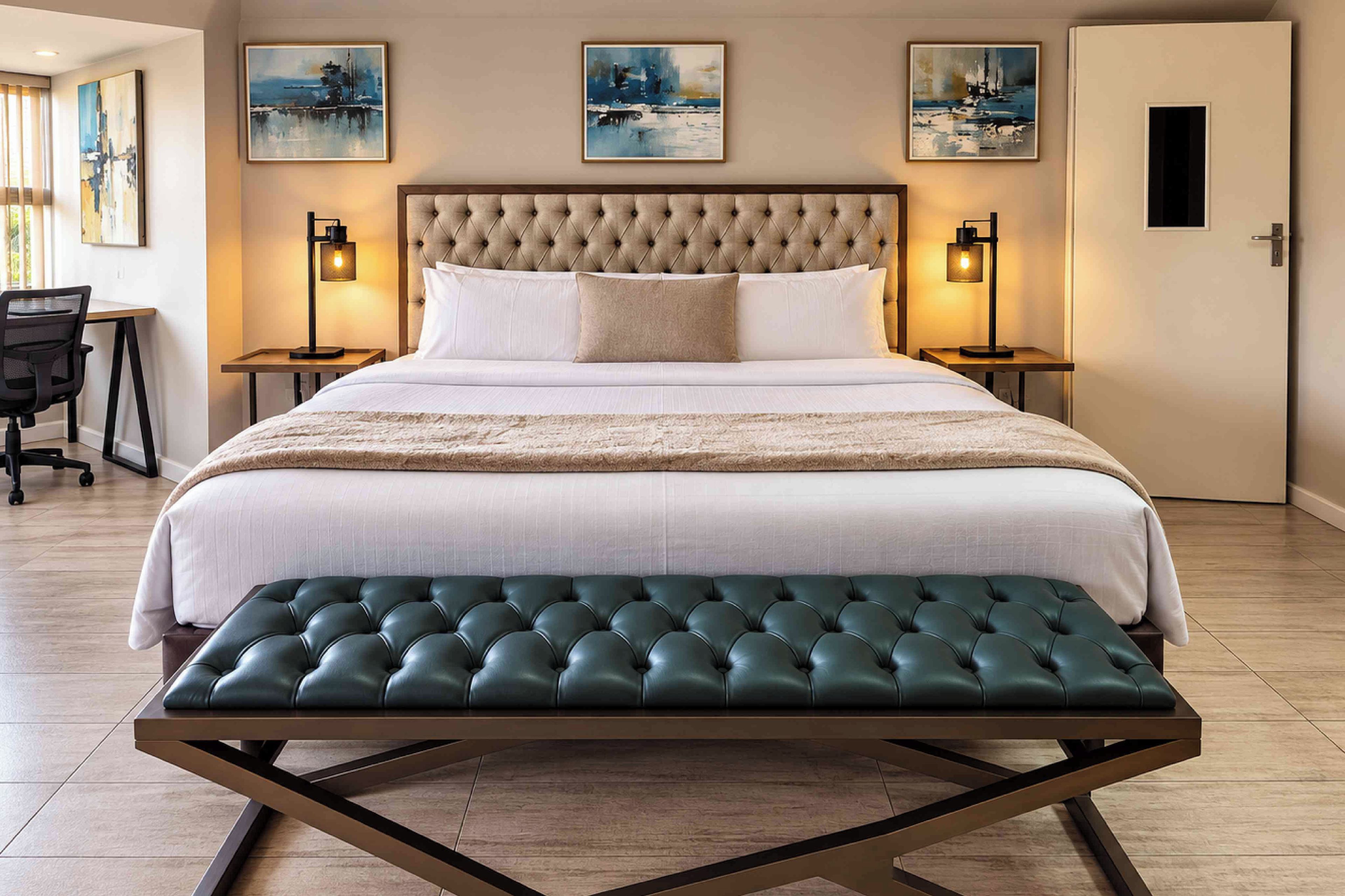 A hotel room with a large bed, a bench, two bedside tables, and artwork on the walls.
