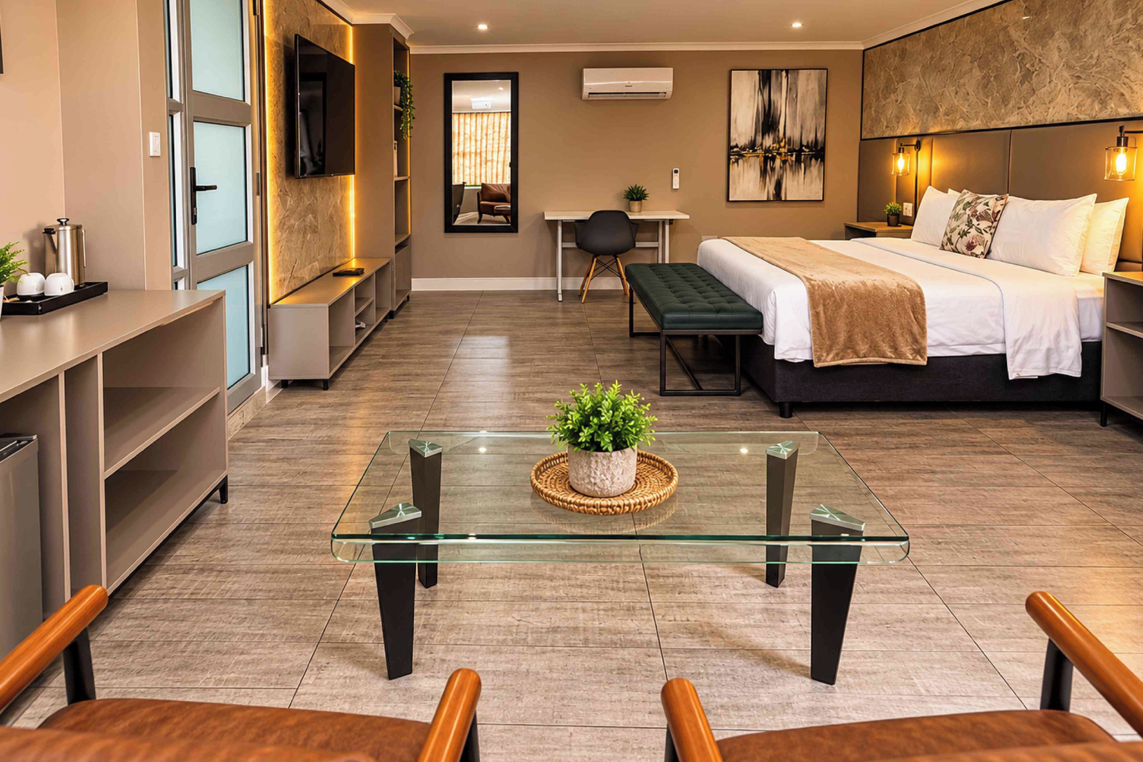 Ein modernes Hotelzimmer mit einem Glastisch, einem Bett mit einer grünen Sitzbank, einem Schreibtisch mit Stuhl und einem an der Wand montierten Fernseher.