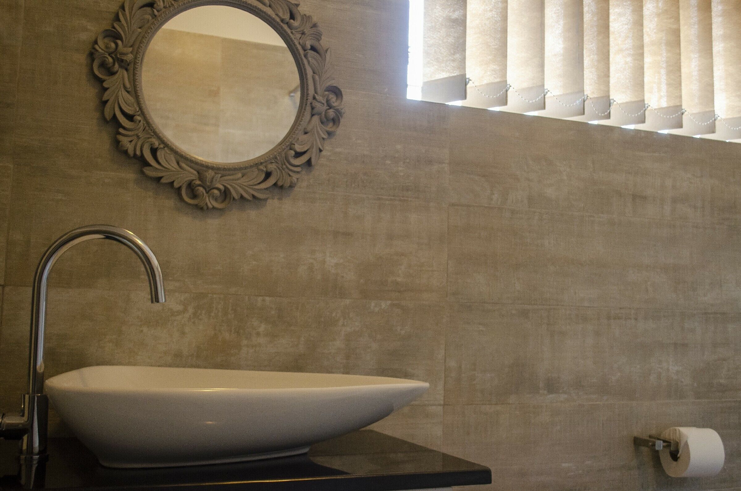 A bathroom with a large oval sink, a wall-mounted mirror with an ornate frame, and a toilet paper holder.