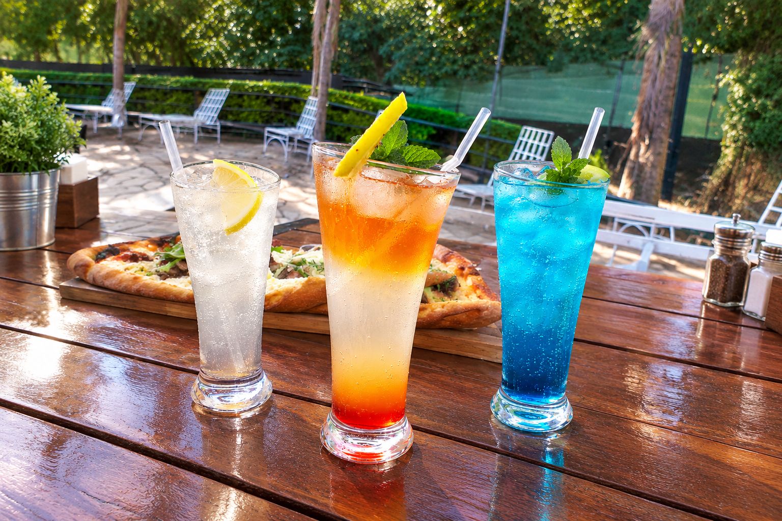 Tres vasos de bebidas heladas sobre una mesa de madera, con una pizza al fondo.