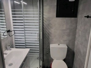 Bathroom features a glass shower enclosure, white sink, and toilet with a black lid.