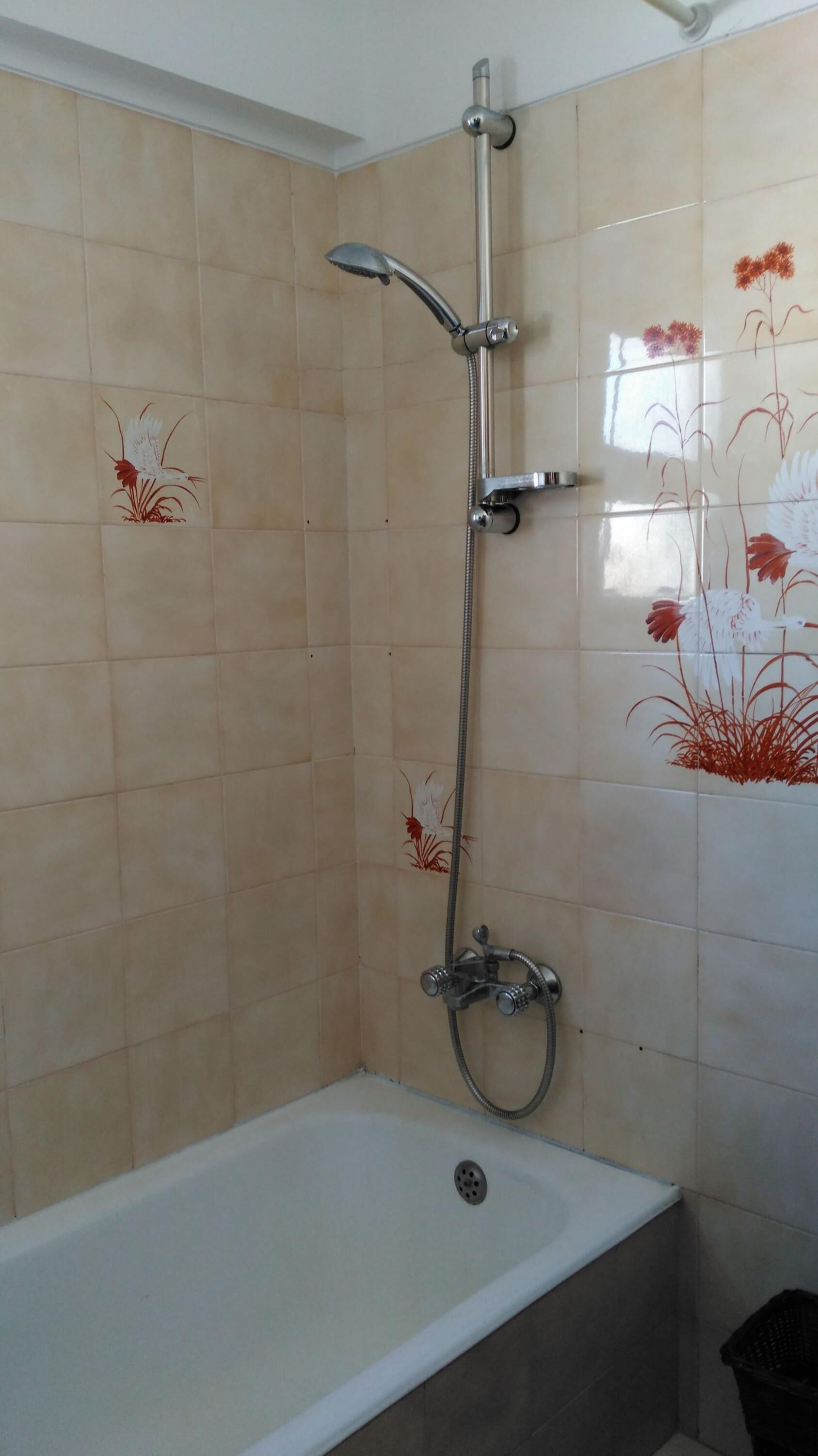 A shower with a handheld showerhead and a handheld hose.