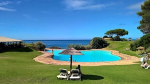 Ein Pool mit Meerblick, umgeben von Gras und Liegestühlen.