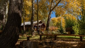A rustic cabin with a wooden deck and a stone fireplace, surrounded by autumn foliage.
