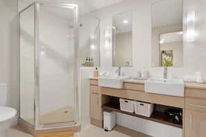 Shower, hair dryer, towels, shampoo