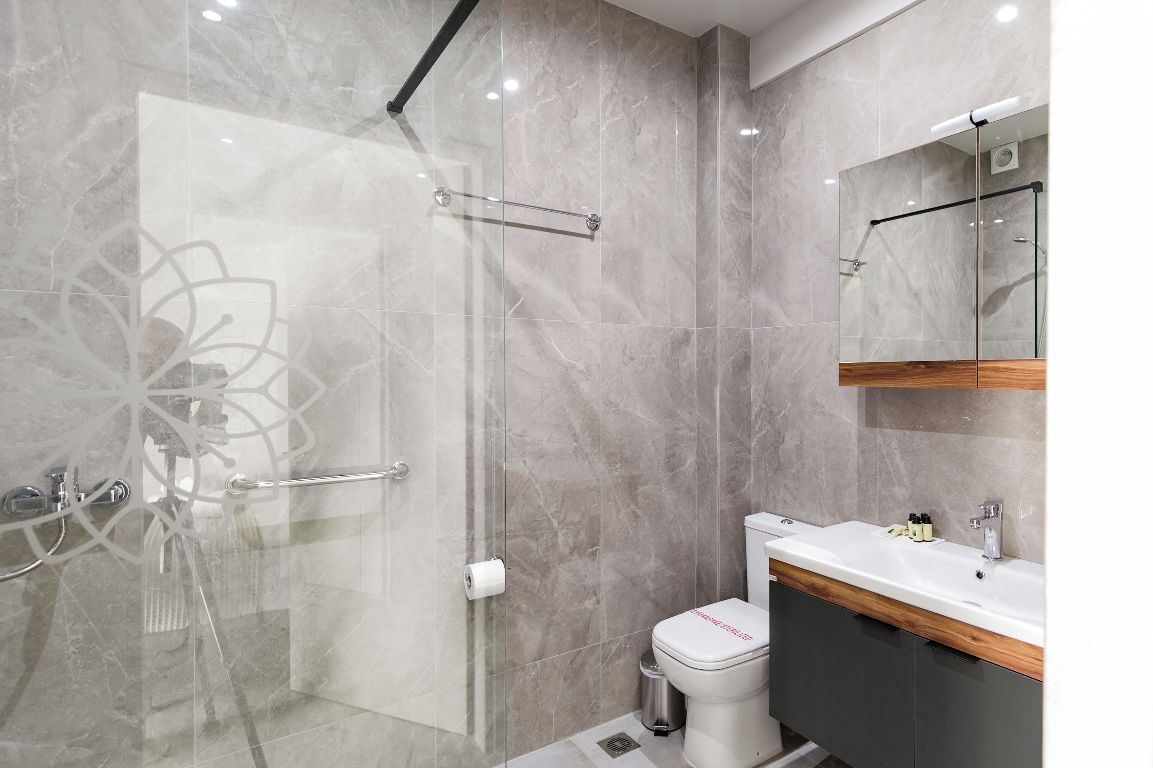 A modern bathroom with a glass shower enclosure, a toilet with a wooden vanity, and a mirror above the sink.