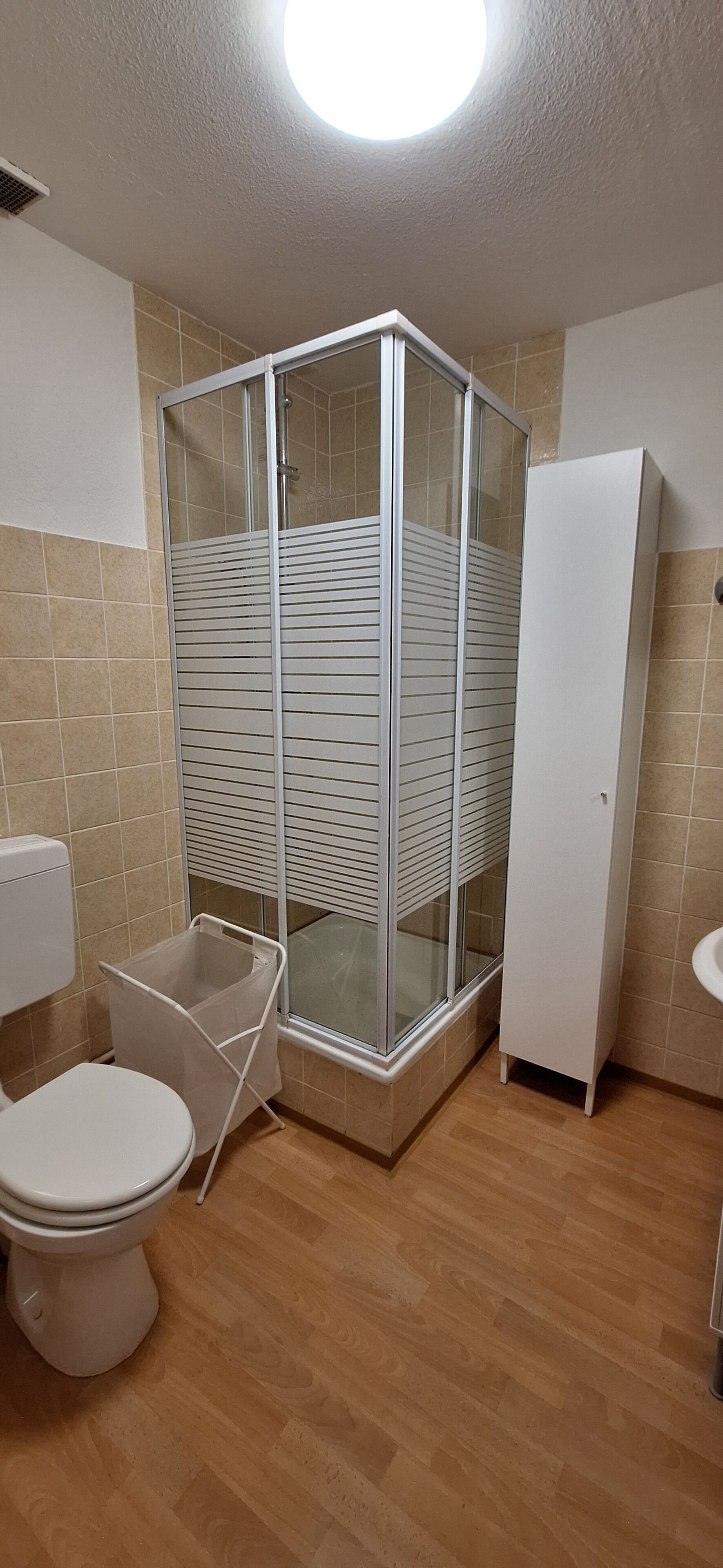 Une salle de bain avec une douche, des toilettes et un lavabo.