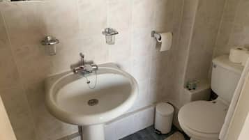 Shower, rainfall showerhead, hair dryer, towels