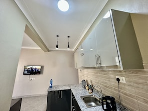 Fridge, oven, stovetop, electric kettle