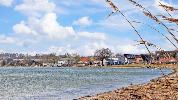 A lakeside view with houses and a clear sky. - Ferienwohnung Mönchgut (Mönchgut OT Alt Reddev)