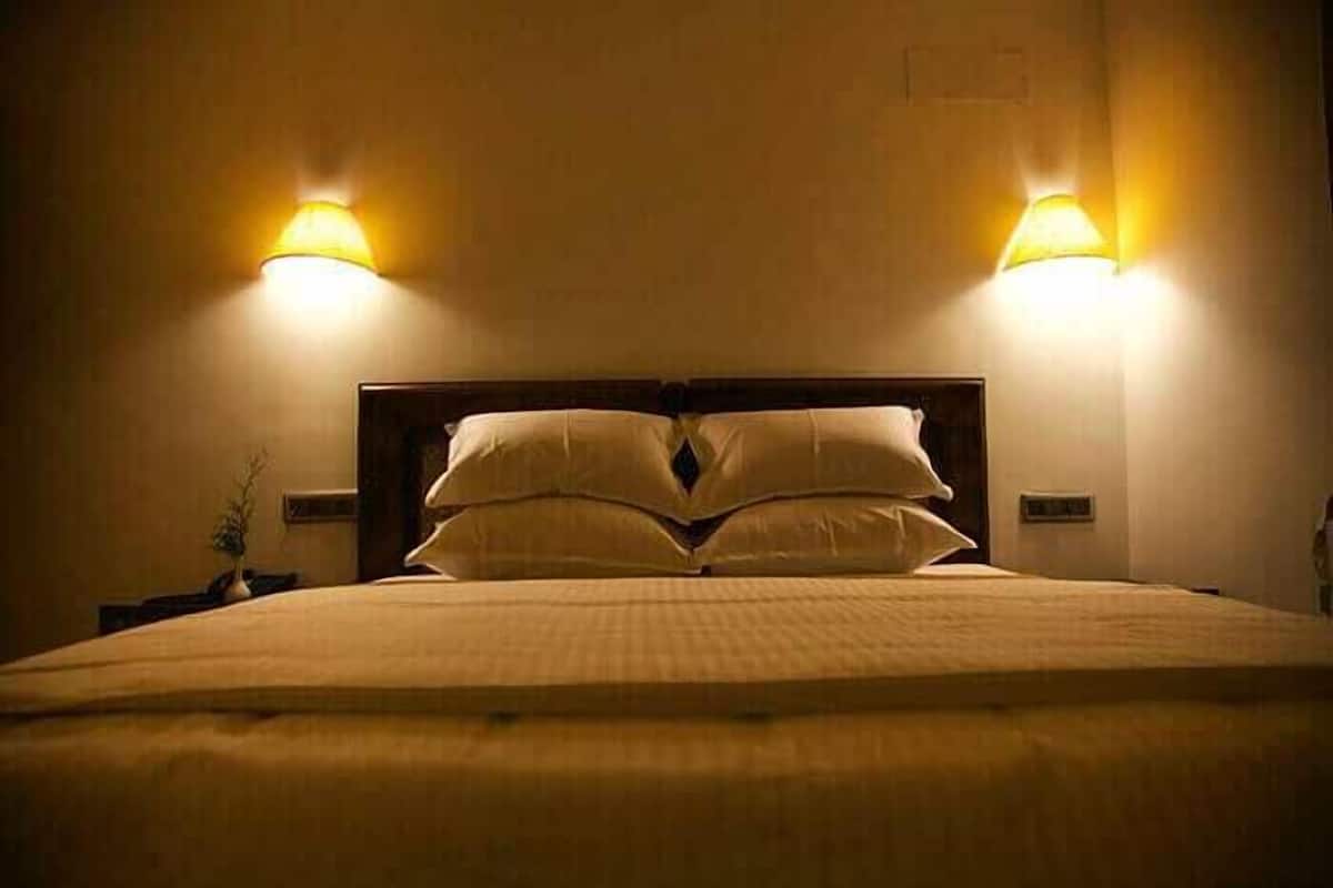 A hotel room with a large bed, two wall-mounted lamps, and a nightstand with a plant.