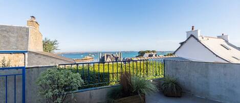 A rooftop terrace with a view of the sea, featuring a blue gate, potted plants, and a tiled floor.