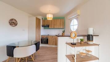 Fridge, microwave, oven, coffee/tea maker