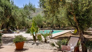 An outdoor pool area with lounge chairs, a wooden deck, and various plants. - Villa Giovanna con Piscina by Wonderful Italy (Castellammare del Golfo)