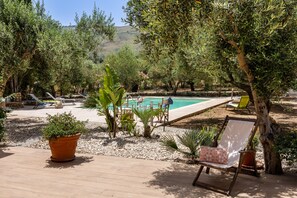 Un espace extérieur avec une piscine, des chaises longues, une terrasse en bois et diverses plantes.
