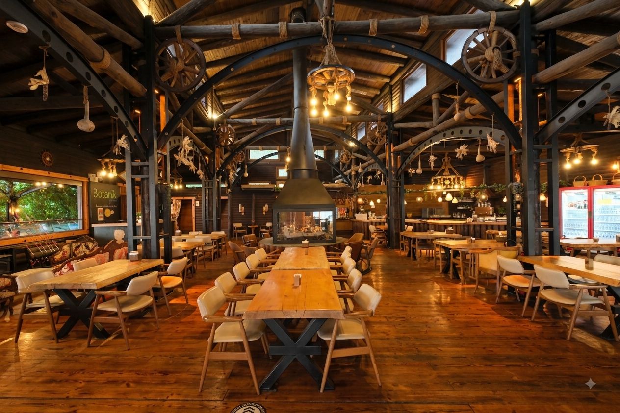 A rustic interior with wooden tables and chairs, a large central table, and a hanging light fixture.