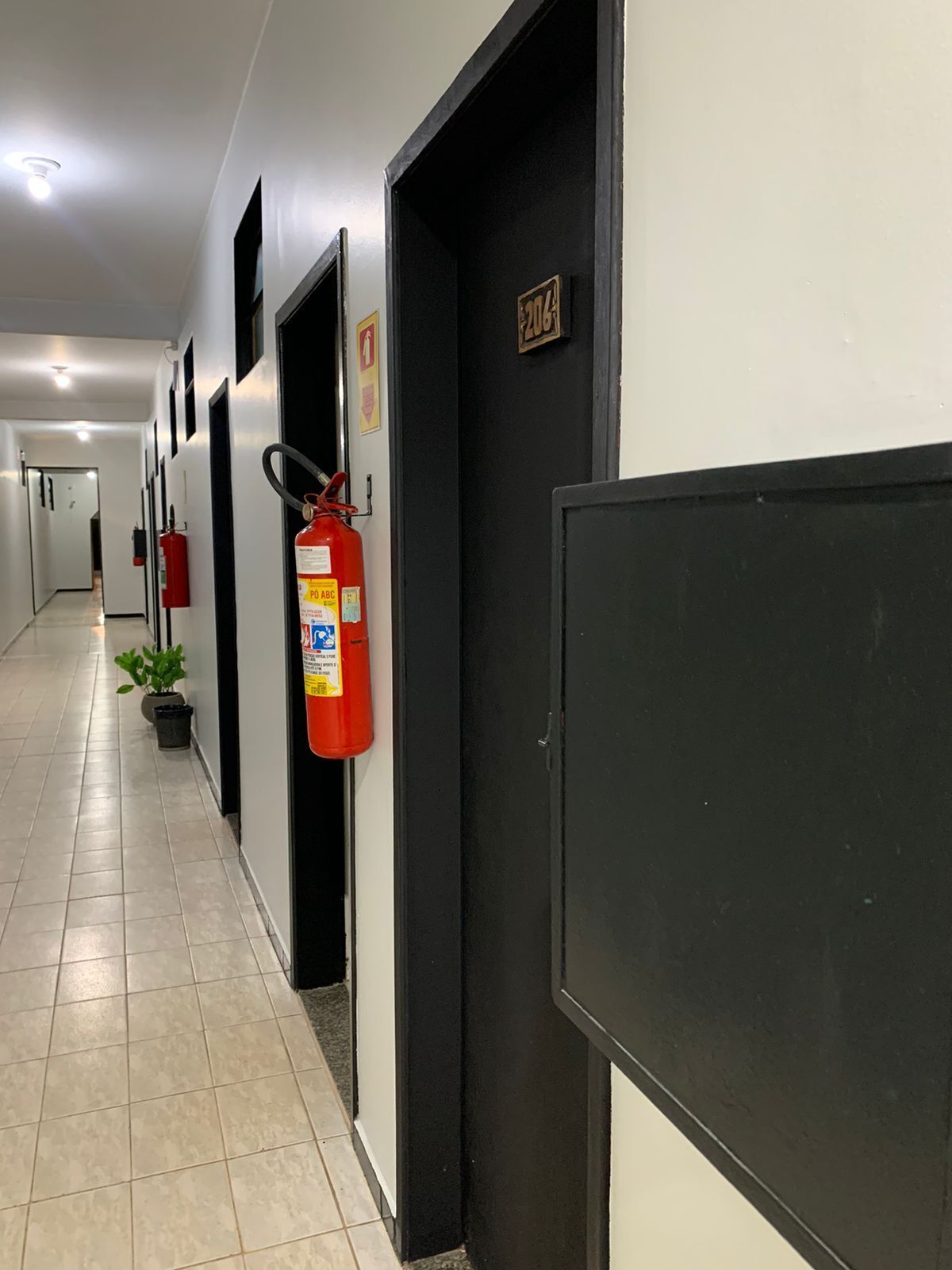 A hallway with doors, a fire extinguisher, and a potted plant.