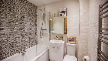 Hair dryer, towels, soap, toilet paper