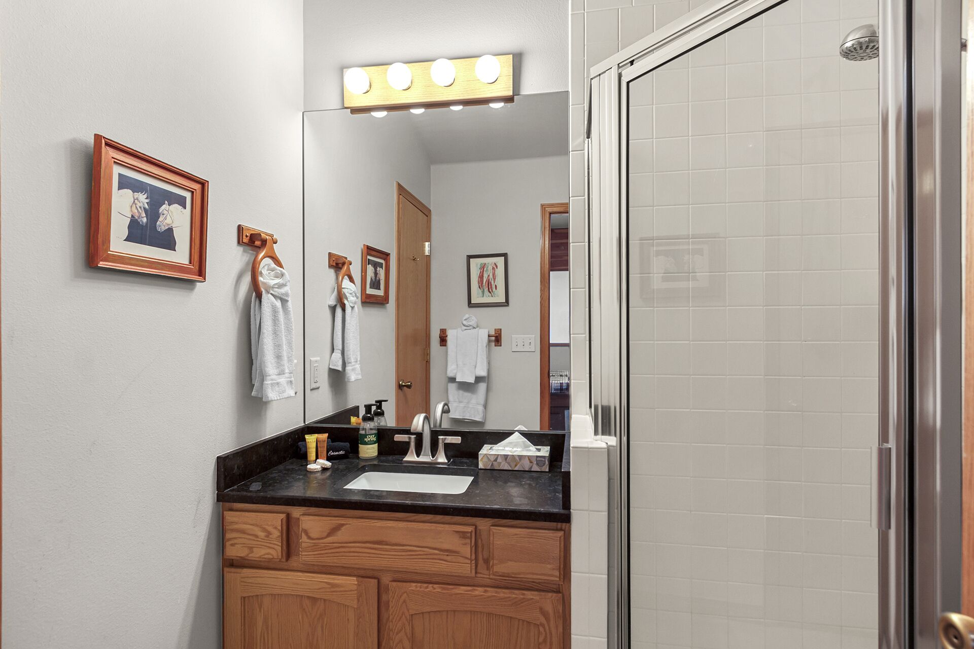 A bathroom with a vanity, sink, and mirror. There are towels hanging on hooks, a framed picture on the wall, and a shower area visible through the glass door.