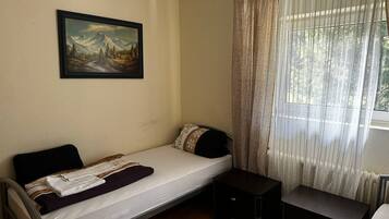 A single bed with a blanket, a bedside table, a small cabinet, a painting on the wall, and a window with curtains.