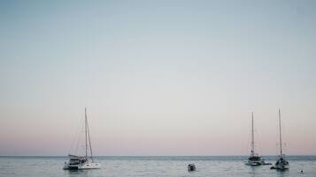 Three sailboats on calm water.